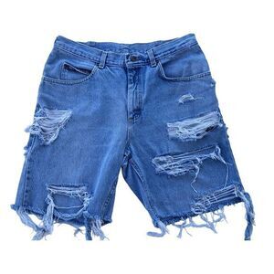 90s VTG Lee Denim Jean Shorts Distressed‎ Ripped Frayed Hem Blue Casual